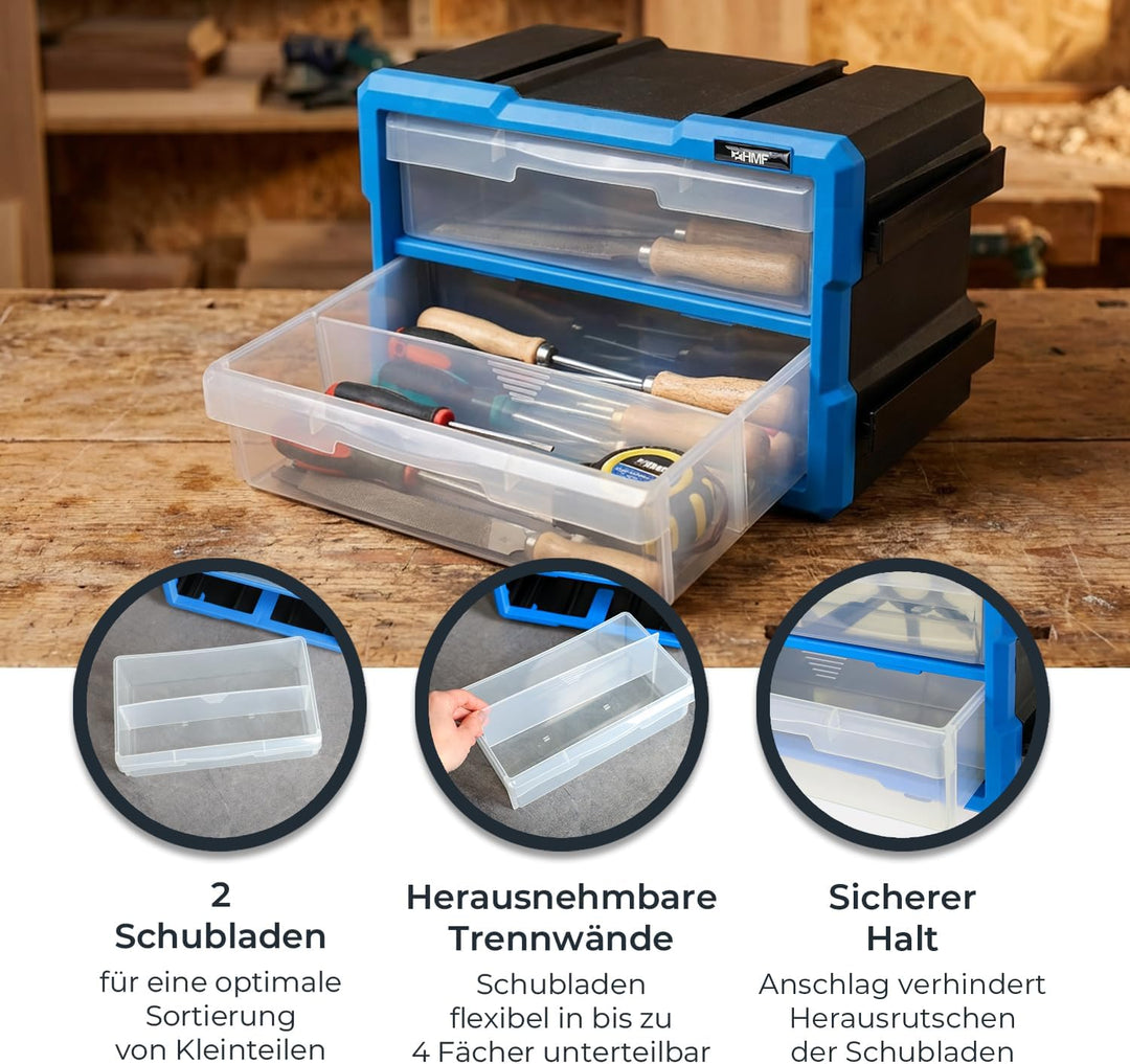 HMF Sortierbox für Kleinteile mit 2 Schubladen, erweiterbarer Sortimentskasten für Schrauben und Wer