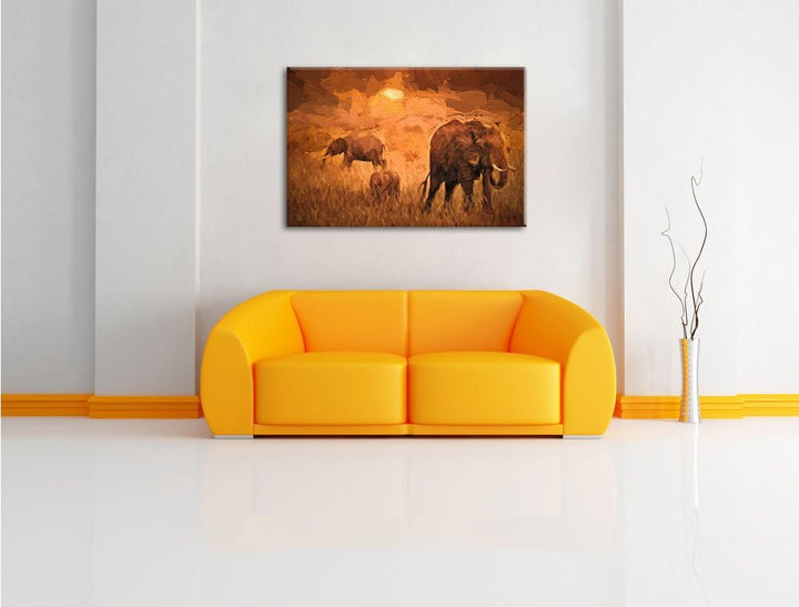 Pixxprint Elefanten in der Savanne / 100x70cm Leinwandbild bespannt auf Holzrahmen/Wandbild Kunstdru