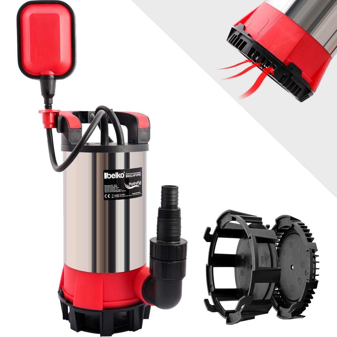 Belko® HydroFlat Vario Pro 850W – Flachsaugend bis 1 mm, 15.000 l/h, Edelstahlgehäuse, Schwimmerscha