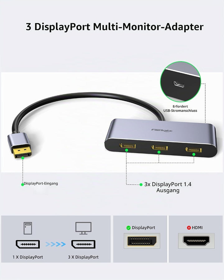 3 Port DisplayPort 1.4 Splitter, DisplayPort MST Hub Monitor Splitter, DisplayPort auf 3X DP Multi M