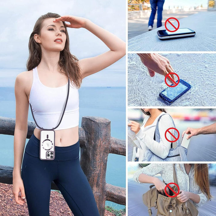 Ethanger Handykette für iPhone 16 Pro Max Hülle mit Band + 2 Stück Glas Schutzfolie Transparent Sili