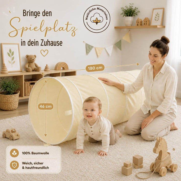 LIONHERZ® Spieltunnel für Kinder aus 100% Baumwolle mit Klettverschlüssen | Krabbeltunnel für Baby [