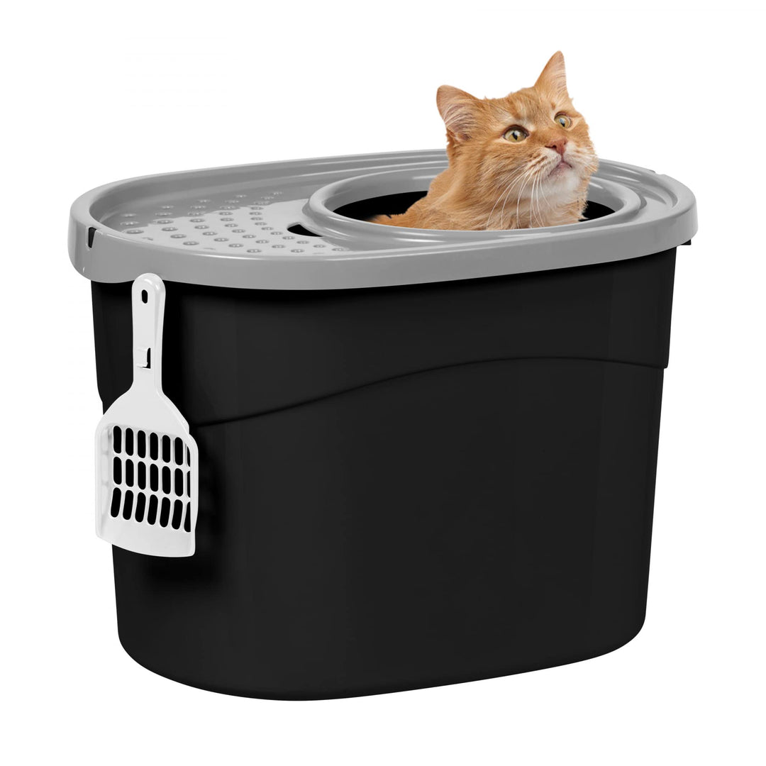 Iris Ohyama Katzenklo mit Schaufel, bis 7 kg, Schwarz/Grau, mit Deckel, Katzentoilette, leicht reini