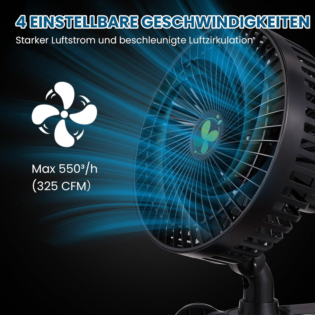 Grow Ventilator oszillierend leise für Growzelt, 10 Stufen &amp; EC-Motor, Clip Ventilator mit Universal