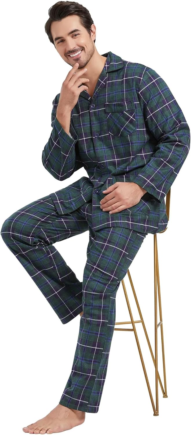 Amaxer Flanell Schlafanzug Herren 100% Baumwolle Pyjama mit Knopfleiste Set Lang Warmer Winter Schla