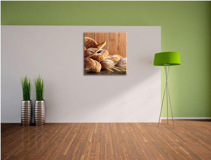 Pixxprint Korb mit leckerem frischen Brot, Format: 70x70 auf Leinwand, 70x70
