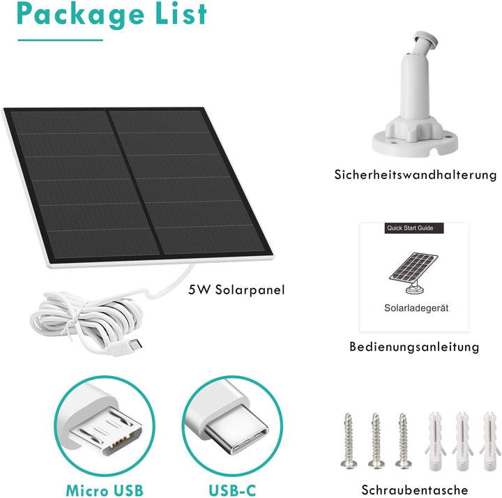 Solarpanel für Überwachungskamera, 5W Solarmodul für Outdoor Akku Kamera, Solar Panel mit 9,8ft Kabe