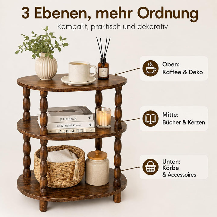 Beistelltisch 3 Ebenen, Oval, Klein, Vintage, Rustikales Braun