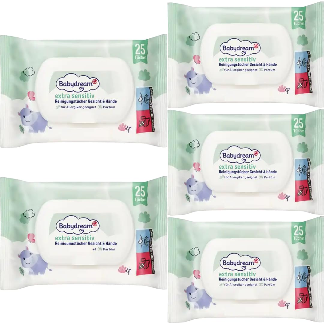 Babydream Extra sensitive Reinigungstücher Gesicht & Hände Feuchttücher Tücher 25 Stück x 5 Packs