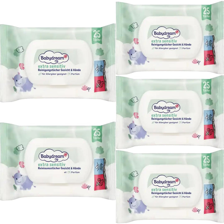 Babydream Extra sensitive Reinigungstücher Gesicht & Hände Feuchttücher Tücher 25 Stück x 5 Packs