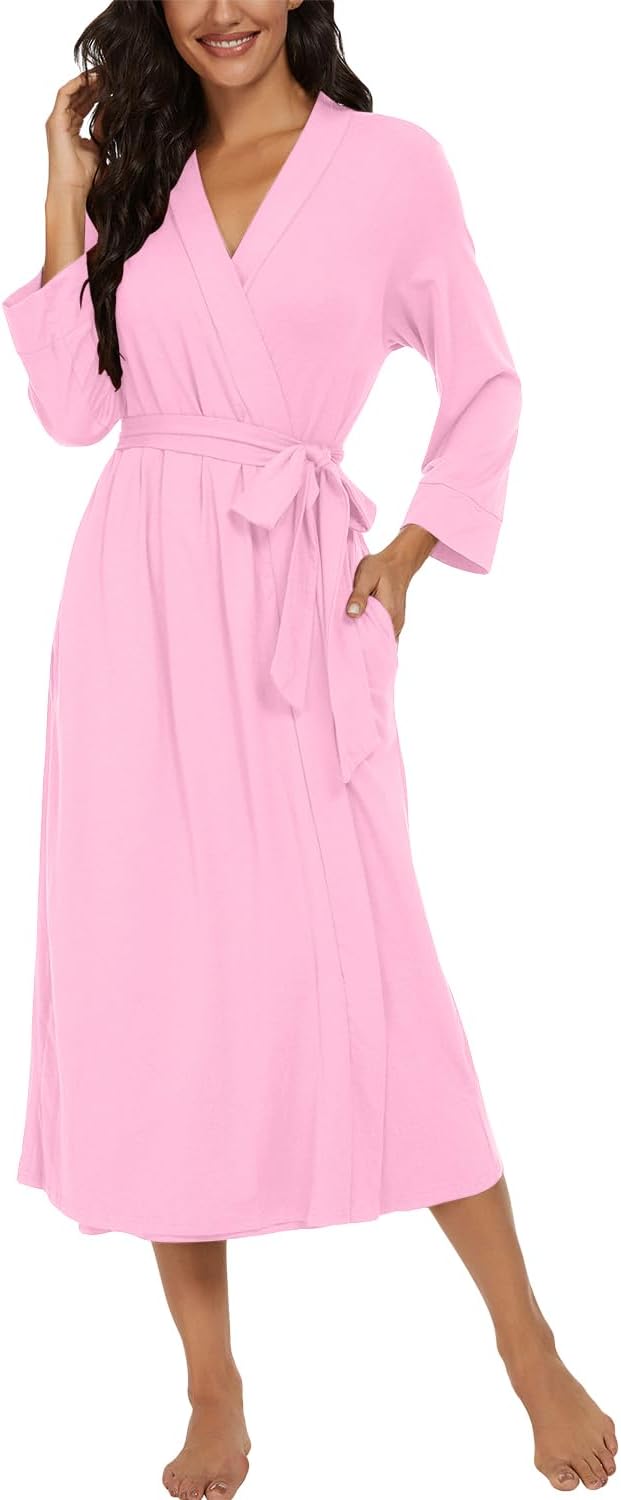 PrinStory Damen Bademantel Leichter 3/4 Ärmeln Morgenmantel V-Ausschnitt Kimono Roben Langes Nachtwä
