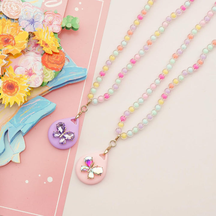 2 Stück Kinder-Halskettenhalter für Airtag, niedliche Mädchen, rosa und violett, Schmetterlings-Perl