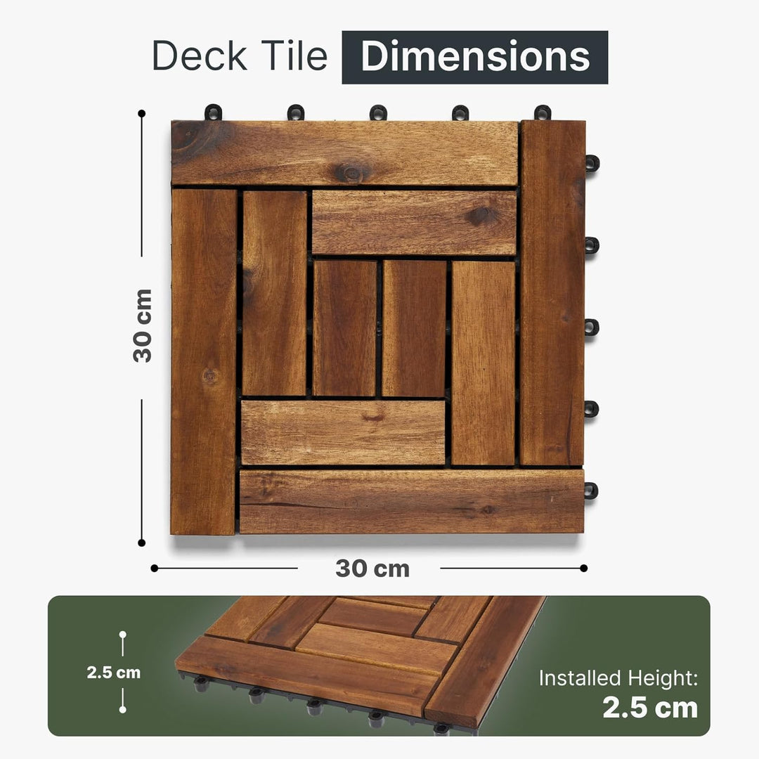 6 x Holzfliesen aus Akazien-Hartholz, ineinandergreifend, 10 Lamellen Terrasse, Garten, Balkon, Whir