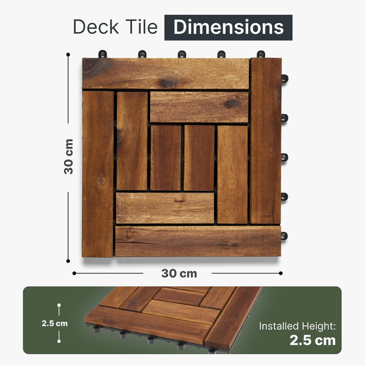 6 x Holzfliesen aus Akazien-Hartholz, ineinandergreifend, 10 Lamellen Terrasse, Garten, Balkon, Whir