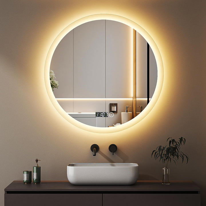 Boromal Badspiegel Rund mit Uhr 60cm Badezimmerspiegel mit Beleuchtung 3 Lichtfarbe 3000-6500K 1810L