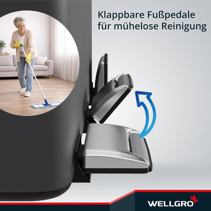 WELLGRO Treteimer grau, Mülleimer, Edelstahl Tretmülleimer mit 3 x 15 Liter, klappbaren Fusspedalen,