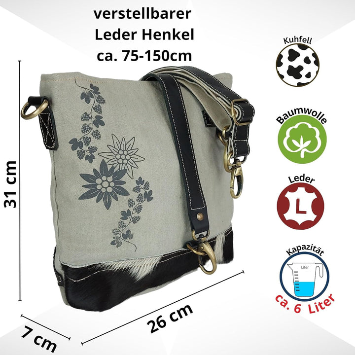 Domelo Damen Trachtentasche. Umhängetasche mit Edelweiss & Hopfenzweig Aufdruck. Graue Crossover Bag