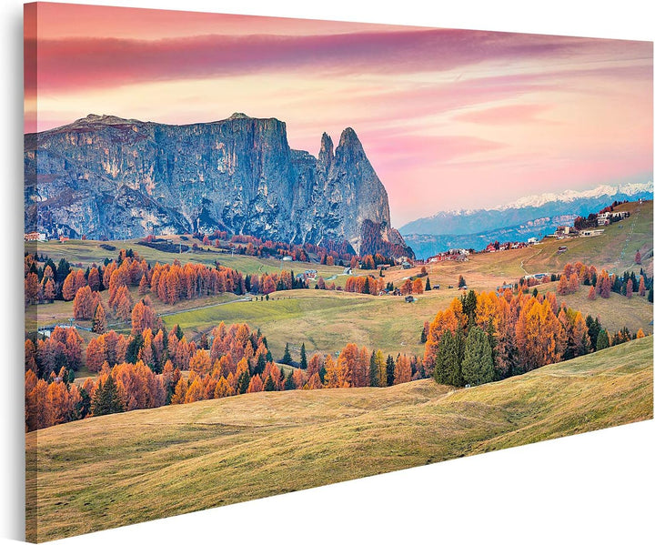 islandburner Bild auf Leinwand Unglaublicher Sonnenaufgang Auf Der Seiser ALM Mit Schönen Gelben Lär
