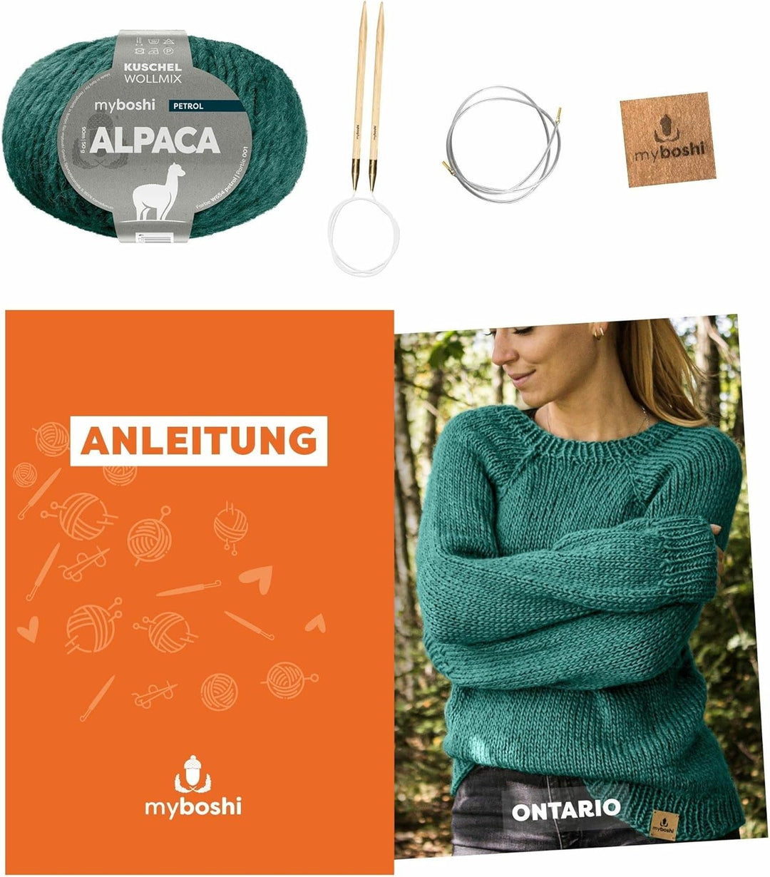 myboshi Strickset Raglanpullover Ontario, Strickset für Anfänger, inkl. Alpaca Wolle, Nadel und Anle