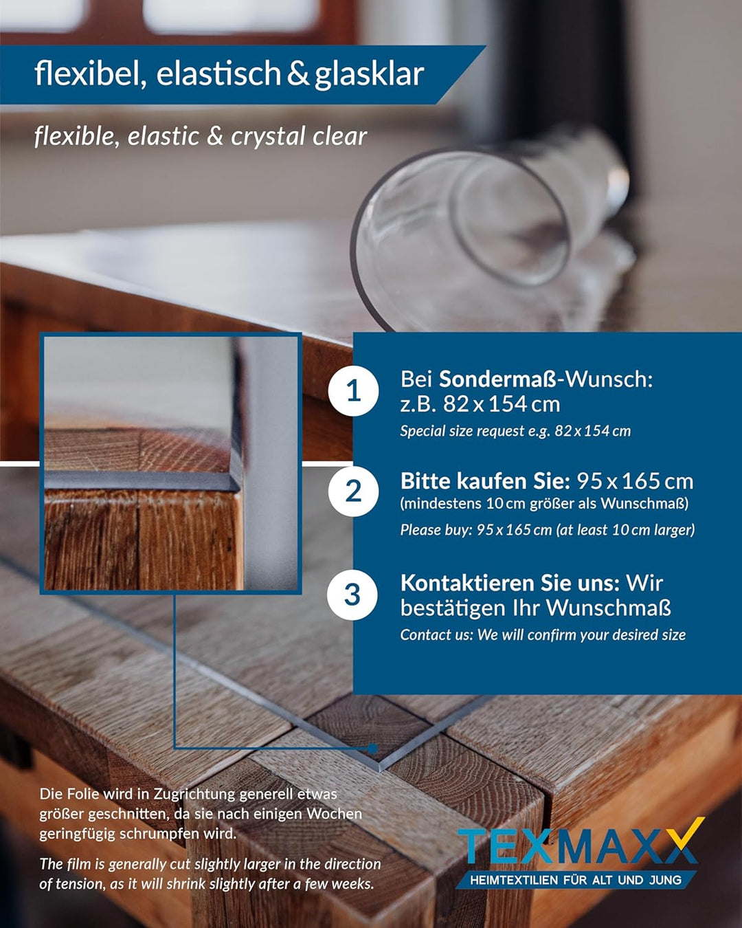TEXMAXX® Tischfolie transparent 2mm mit abgeschrägter Kante / Tischschutz transparent versch. Grösse