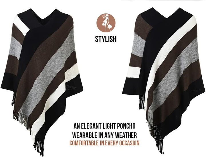 Ferand Damen Gestreifter Poncho Pullover Vielseitiger Schal zum Wickeln mit Fransen für Herbst und W