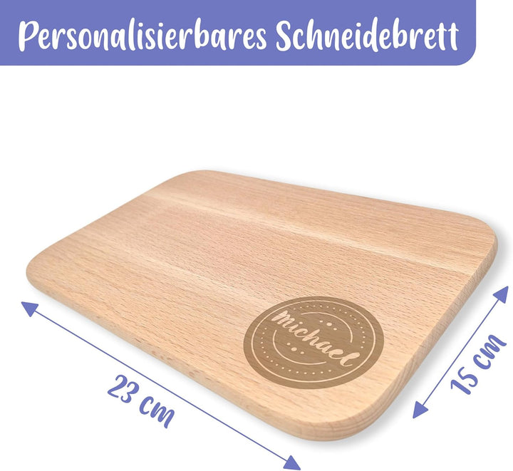 Massives Schneidebrett mit Gravur - individueller Name, Text oder Spruch - Buchenholz, abgerundete E