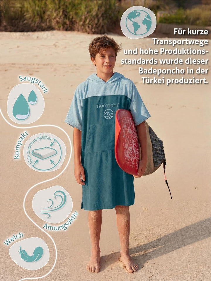 normani Teenager Frottee Badeponcho aus Bio-Baumwolle für Jungen und Mädchen - Strandponcho Surfer P