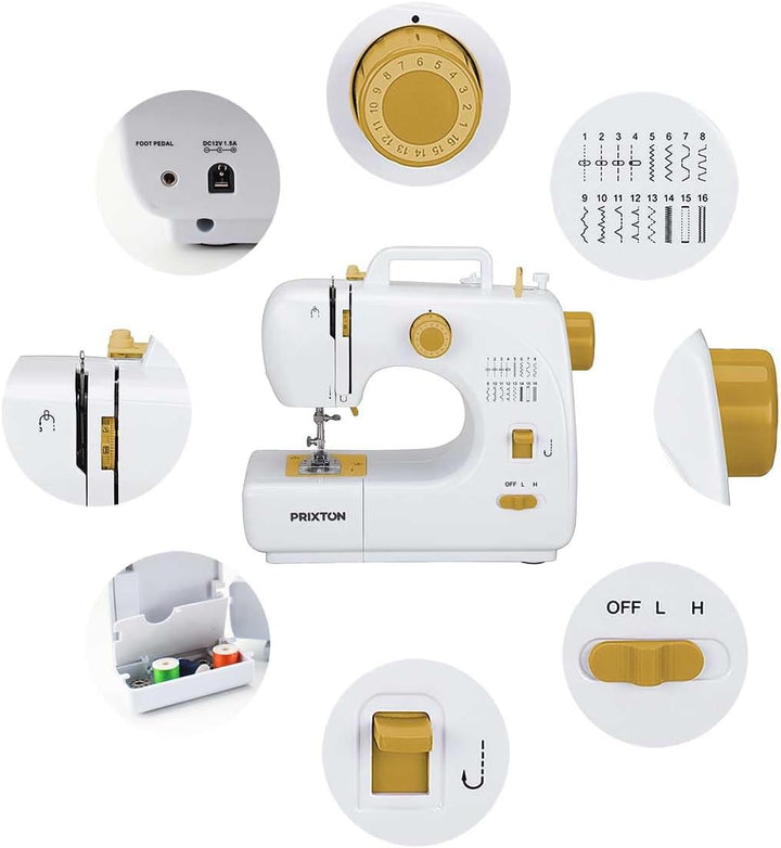 PRIXTON - Tragbare Nähmaschine P120 - Schublade für Zubehör - Integrierte Lampe - 16 Arten von Muste