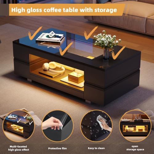 Merax Moderner Couchtisch mit LED-App-Steuerung, 100x50x35cm, Wohnzimmertisch & Beistelltisch Couch,