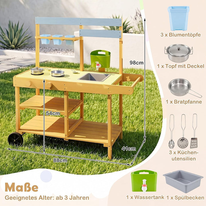 COSTWAY Matschküche Kinder Outdoor, Spielküche mit Wassertank &amp; Wasserhahn | Kinderküche mit Rädern,