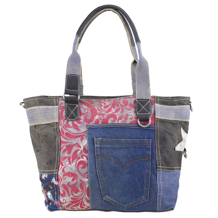 Sunsa Damen Handtasche. Grosse Nachhaltige Schultertasche aus Recycelte Jeans Canvas &amp; Leder. A4 gee