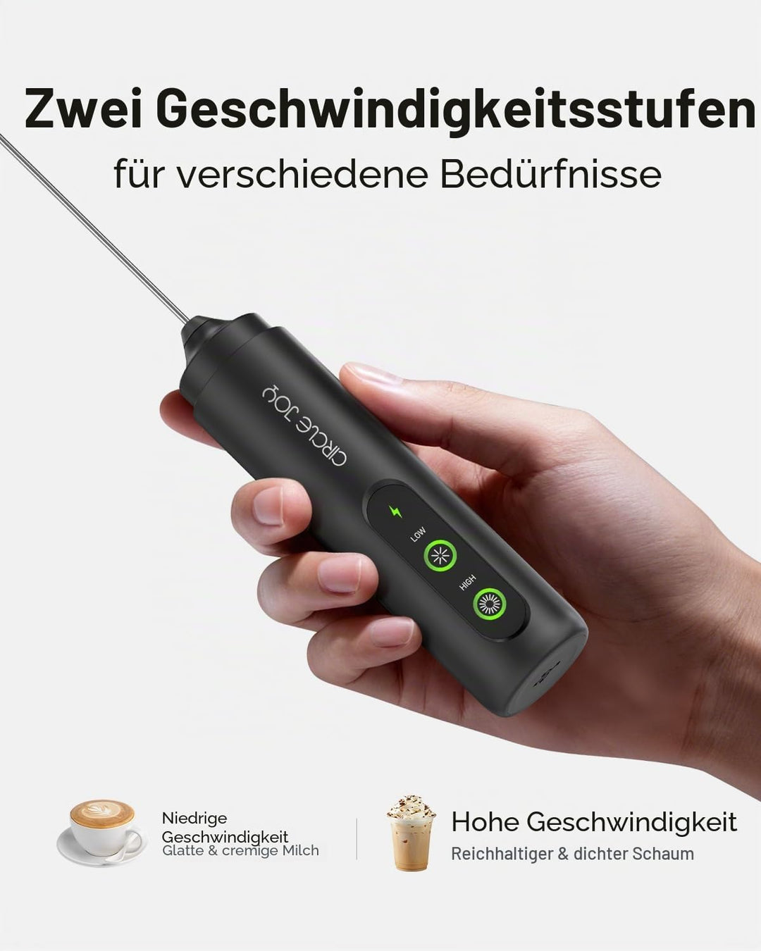 CIRCLE JOY Wiederaufladbarer Milchaufschäumer Handheld mit 2 Geschwindigkeiten, Elektrischer Kaffee-