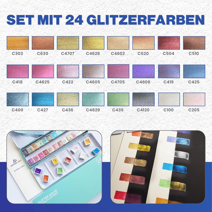 Aquarellfarben Set [24x Metallic Glitzerfarben] – Aquarell Set unterwegs im Metallkoffer inkl. Misch