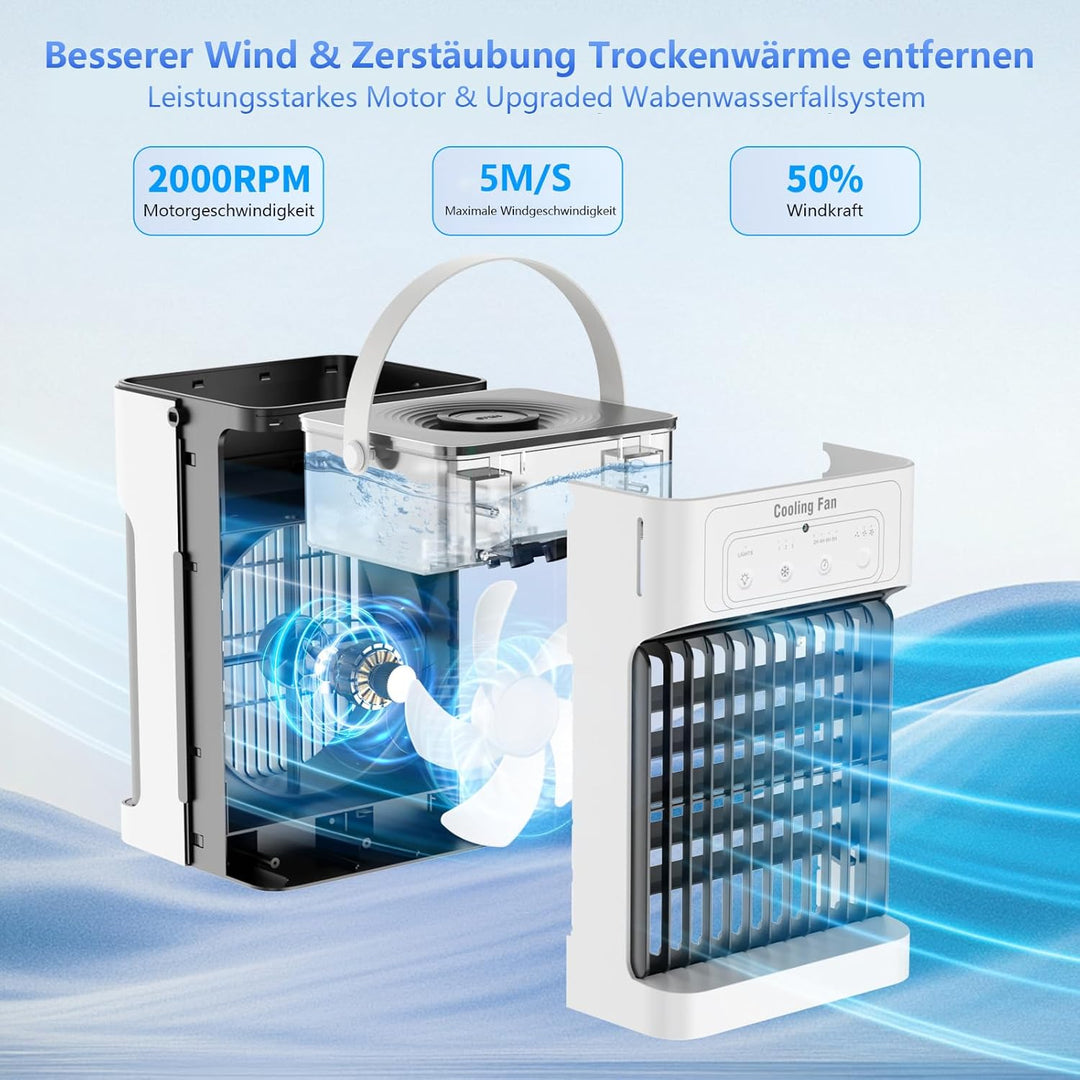 Mobile Klimaanlage,Mini Luftkühler mit Wasserkühlung und 1100ML Wassertank, 3 Luftgeschwindigkeiten