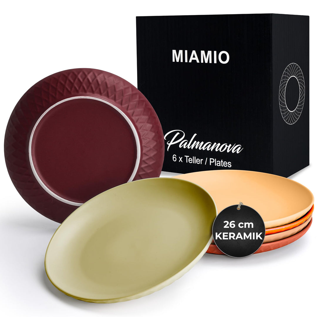 MIAMIO - 6er Geschirrset/Teller Set modern aus Keramik für 6 Personen - Palmanova Kollektion (Rot, G