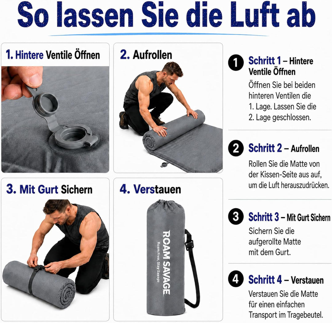 ROAM Savage Selbstaufblasende Camping-Isomatte, 7 cm Schlafmatte mit Kopfkissen, R-Wert 8,0 Isolieru