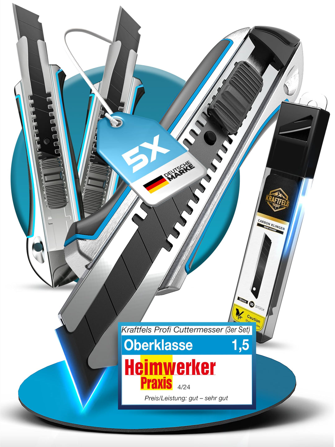 KRAFTFELS Cuttermesser Profi 5er Set - Robustes Cuttermesser 18mm inklusive 10 extrem scharfen Cutte
