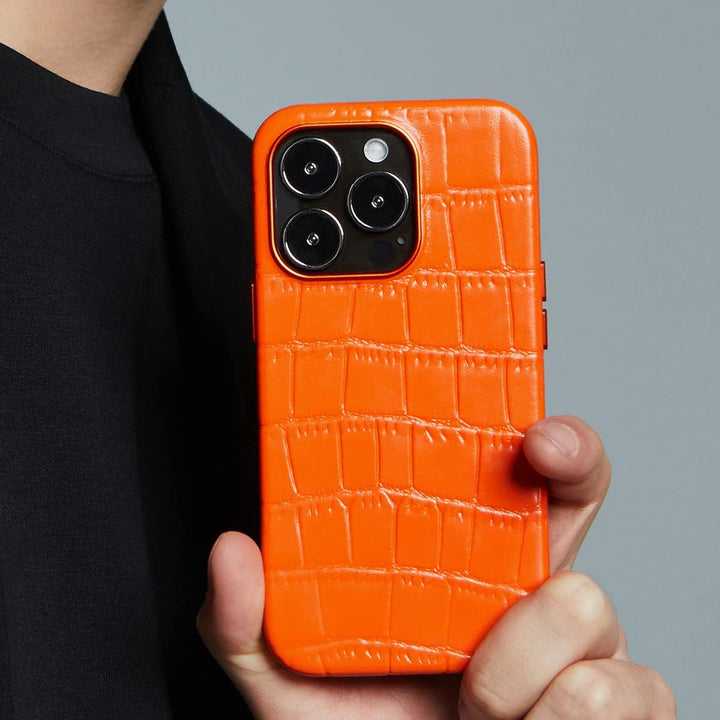Docco Jette kompatibel mit iPhone 14 Pro Lederhülle, echtes Rindsleder hülle geprägtes Krokodilmuste