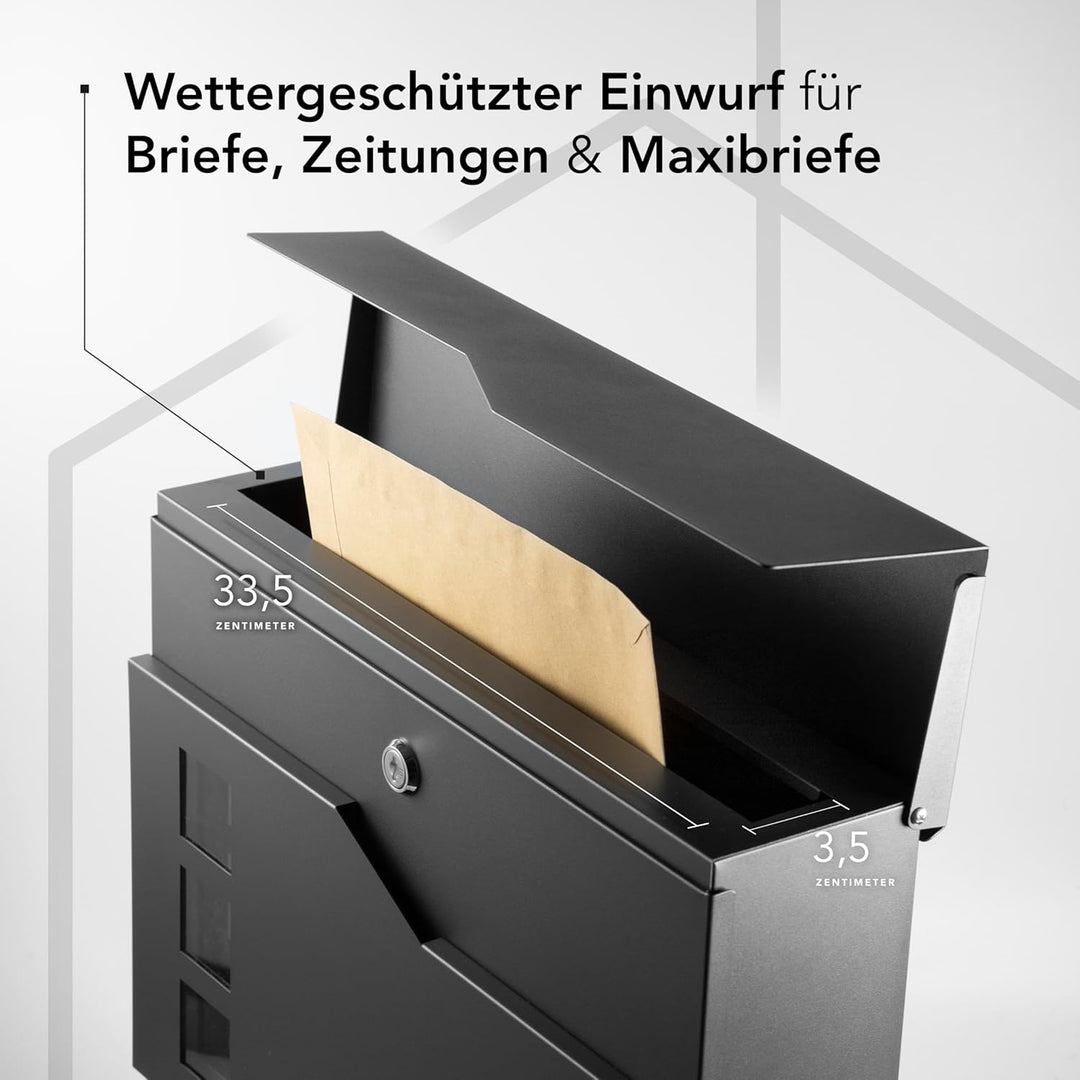 Moderner Briefkasten Personalisierbar Stockholm Anthrazit RAL7016 - mit Zeitungsfach - Wandbriefkast