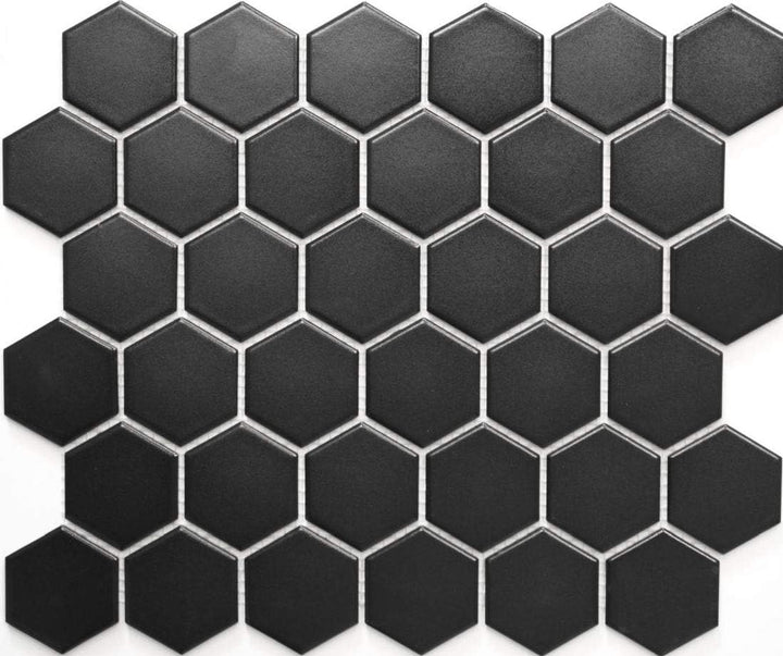Mosaik Hexagon uni schwarz matt Keramik, Mosaikstein Format: 51x59x5 mm, Bogengrösse: 325x281 mm, 10