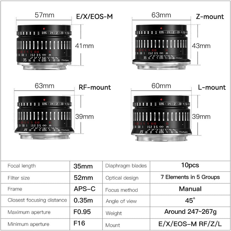 TArtisan 35 mm F0.95 APS-C Grosse Blende Manueller Fokus Spiegellose Kameras Objektiv für Canon RF M