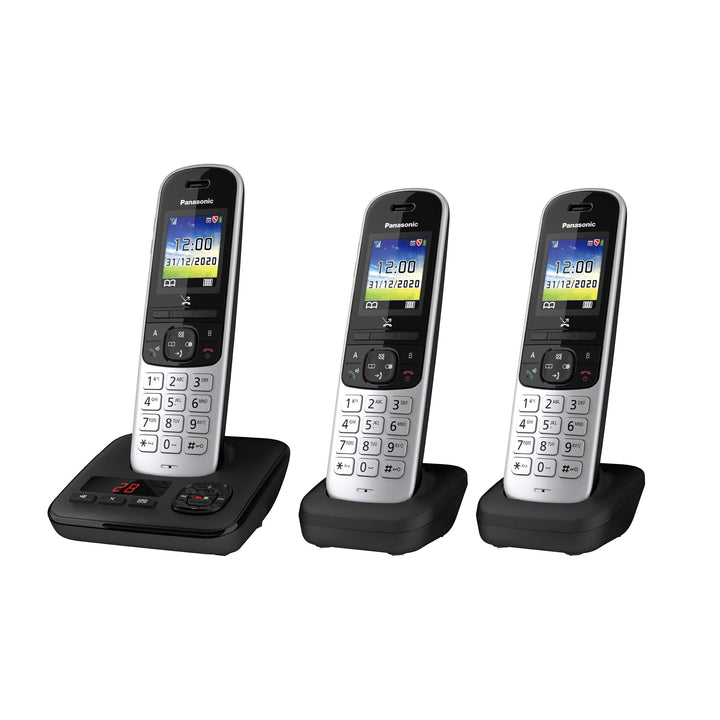 Panasonic KX-TGH723GS Schnurlostelefon mit Anrufbeantworter 3er Set (DECT Telefon, strahlungsarm, Fa