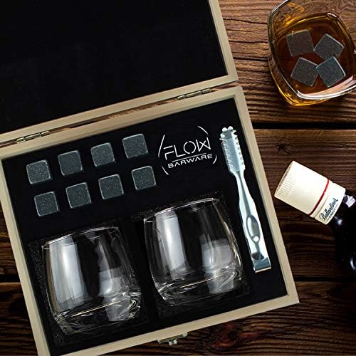 Flow Barware Deluxe Whiskygläser und Whiskysteine, in Geschenkbox aus Holz, italienisches Vintage-Kr