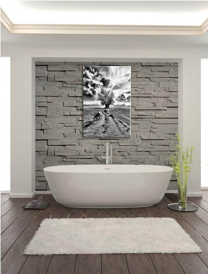 Pixxprint Pinkes Feld mit pinkem Baum als Leinwandbild | Grösse: 100x70 | Wandbild| Kunstdruck | fer