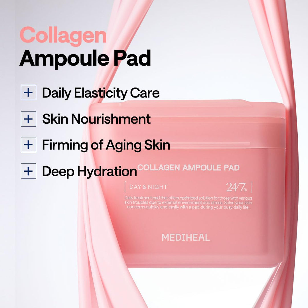 MEDIHEAL Collagen Ampoule Pad – Square Cotton Facial Toner Pads Collagen & Ceramide - Skin Firming &