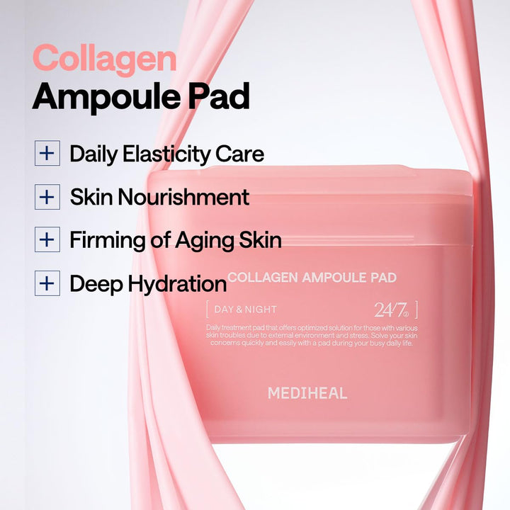 MEDIHEAL Collagen Ampoule Pad – Square Cotton Facial Toner Pads Collagen & Ceramide - Skin Firming &