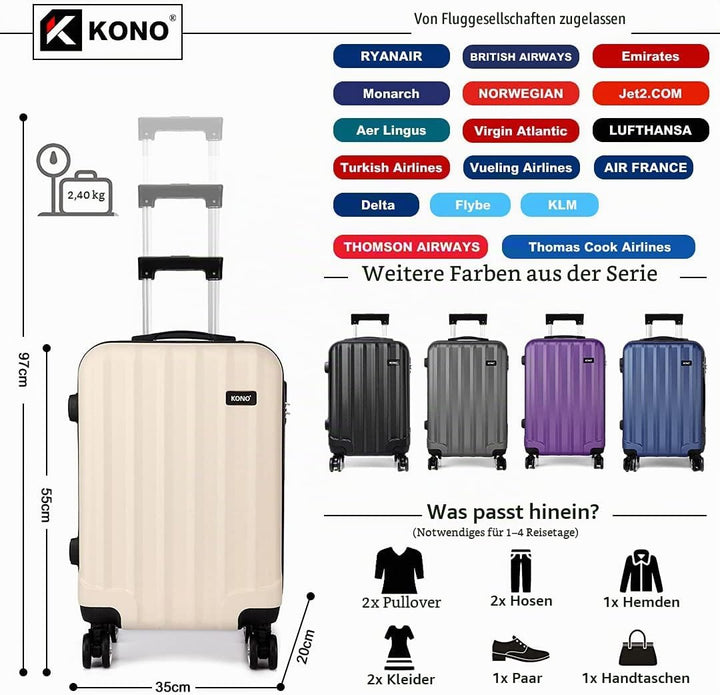 KONO Handgepäck Koffer Trolley ABS+PC Leicht Kabinenkoffer Reisekoffer mit 4 Rollen und Zahlenschlos