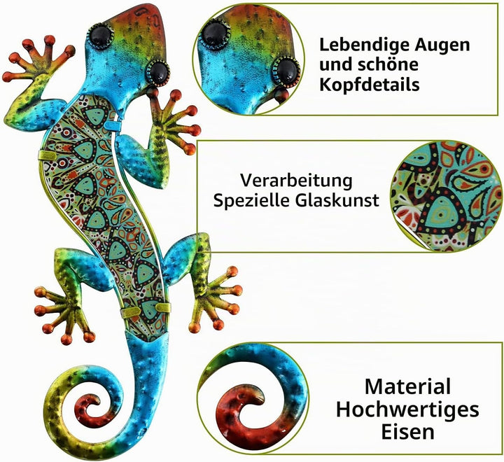 HONGLAND Metall-Gecko-Wanddekoration, Wandbild Metall,Eidechse, Wanddeko Outdoor,Gartenkunst, farbig