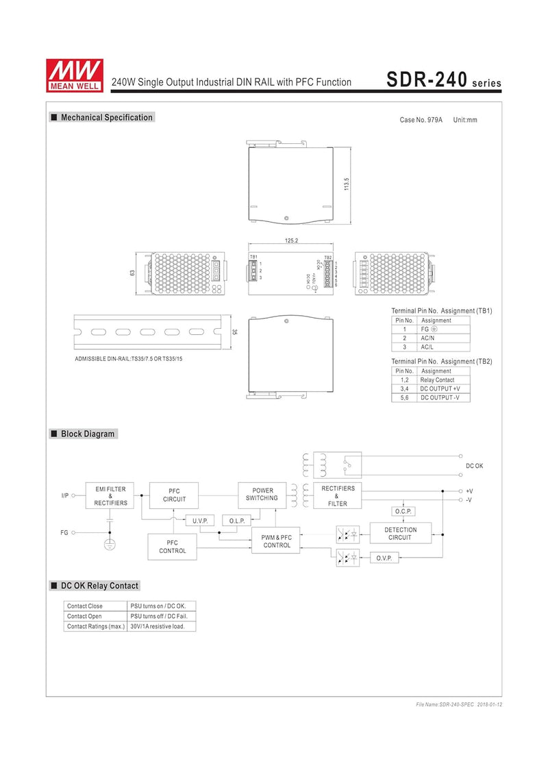 MeanWell 48V SDR-240-48 Netzteil 240W 5A Hutschienennetzteil slim 63mm DINRail