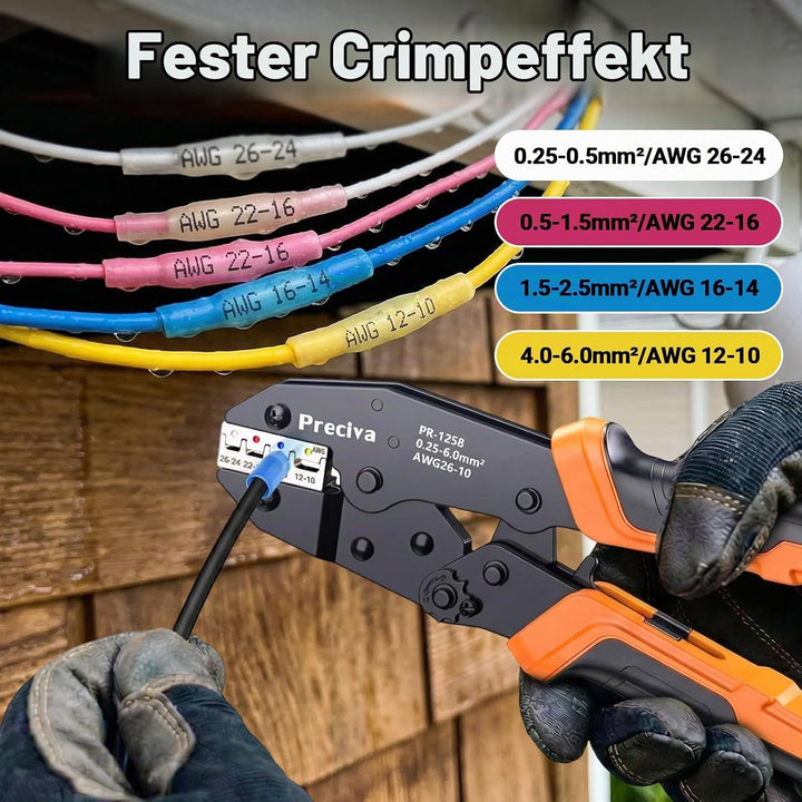 Preciva Crimpzange mit 180 Wärmeschrumpf-Schrumpfverbindern (0,25-6mm²), Quetschverbinder-Crimpzange